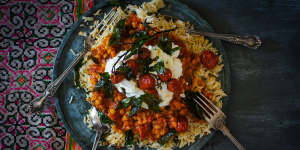 Tomato dhal topped with yoghurt and panch phoran roasted tomatoes.