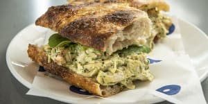 Poached chicken with green goddess sandwich.