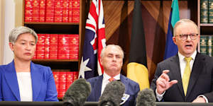Leader of the Government in the Senate and Minister for Foreign Affairs Penny Wong,Prime Minister Anthony Albanese and Minister for Trade and Tourism and Special Minister of State Don Farrell at a press conference in Melbourne,Victoria,during the 2025 federal election campaign. fedpol Photo:Alex Ellinghausen