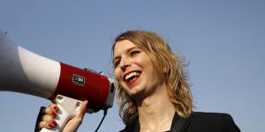 Chelsea Manning addresses an anti-fracking rally in the US in 2018.