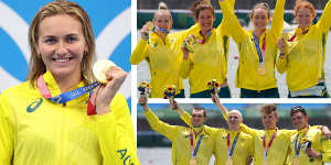 Three gold in one day ... Ariarne Titmus,women’s four and men’s four rowing gold medals on July 28 2021.