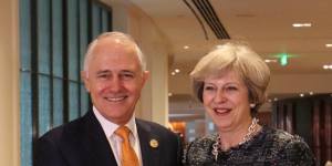 Former PMs Malcolm Turnbull and Theresa May at the G20 meeting in Hangzhou in 2016. 