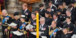 King Charles III,Camilla,Queen Consort,the Princess Royal and the rest of the royal family sit in front of the coffin. 