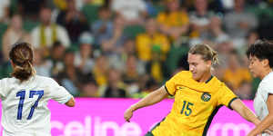 Clare Hunt on the ball during the Matildas’ 3-0 Olympic qualifying win over Taiwan in Perth last month.