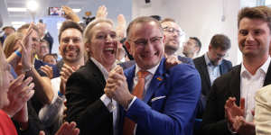 Tino Chrupalla and Alice Weidel,co-leaders of the far-right Alternative for Germany (AfD) political party,celebrate at the party’s gathering in Berlin following the release of initial results in European parliamentary elections.
