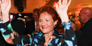 Pauline Hanson enters the One Nation election party at the Bended Elbow in Albury on Saturday night.