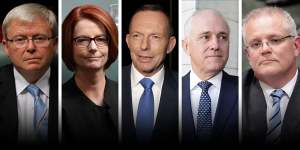 The five Prime Ministers of the last decade:Kevin Rudd,Julia Gillard,Tony Abbott,Malcolm Turnbull and Scott Morrison. 