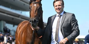 Bjorn Baker with Ozzmosis after his Coolmore Stud Stakes win at Flemington on Saturday. 