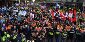 A union protest at the Melbourne Magistrates court during the committal hearing last week.