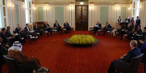 Queensland Parliament's Red Chamber,which was built to house the Legislative Council,is only used for ceremonies and events,such as this meeting of world leaders during the 2014 G20 summit.