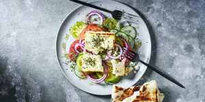 Greek salad with honey-baked feta.