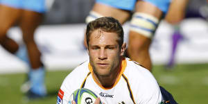 The Brumbies Kyle Godwin scores a try against the Bulls during the Super Rugby match at the Loftus Stadium,Pretoria,.