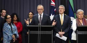 Minister for Indigenous Australians Linda Burney,Prime Minister Anthony Albanese and Attorney-General Mark Dreyfus during a press conference at Parliament House in Canberra 