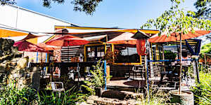 The bright outdoor dining space.