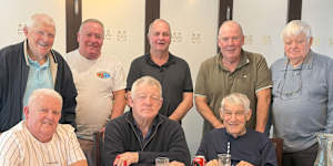 Frank Stanton,Greg Hodge,Peter Sharp,Steve Gillis and Garry Lawler (back) join Allan Gainey,Phil Gould and Wayne Beavis (front) to celebrate Beavis’ career.