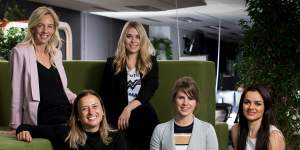 Kim Jackson (left) of Skip Capital with the founders of the female-led start-ups she has invested in:Katherine McConnell,Gemma Lloyd,Megan Elizabeth and Maryam Sadeghi. 