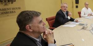 Professor Brendan Murphy,Scott Morrison and Secretary of the Department of Prime Minister and Cabinet,Phil Gaetjens,during a National Cabinet meeting.