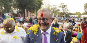 Prime Minister Anthony Albanese during a Holi celebration at Raj Bhavan,in Ahmedabad,India.