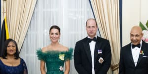 The Duke and Duchess of Cambridge alongside Governor General of Jamaica Sir Patrick Allen and wife Patricia Allen at King’s House on March 23,2022.