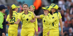 Ellyse Perry is congratulated after taking a wicket during last year’s women’s Ashes clash at the Oval.