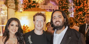 Radhika Merchant,Mark Zuckerberg and Anant Ambani at their pre-wedding bash in Jamnagar,India.