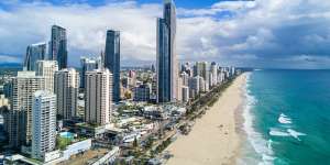 Aerial over ocean surf into the beach of Surfers Paradise Gold Coast Broadbeach,Gold Coast iStock photo