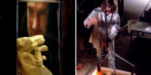 Left:Professor Mike Archer with the preserved pub that inspired his de-extinction program in 2000. Right:Dr Anna Gillespie recovering a thylacine fossil from a boulder using acetic acid.