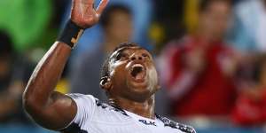 Leone Nakarawa of Fiji celebrates as he scores a try during the Men's Rugby Sevens Gold medal final match between Fiji and Great Britain.