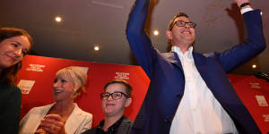 Premier Daniel Andrews and his family celebrate Labor’s election win in 2018. 