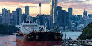 A crude oil tanker moored in Sydney in March.