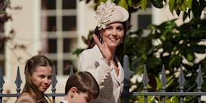 Princess Charlotte,Prince Louis and Catherine,Princess of Wales attend the 2026 Easter Matins Service at St George's Chapel on April 05,2026 in Windsor,England. 