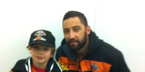 The author’s younger brother,Joe Manning,with Benji Marshall in the sheds after a game.