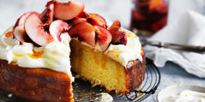 Neil Perry's Coconut and Yoghurt Cake with Fresh Peach Compote.
