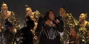 Lizzo performs a medley at the 65th annual Grammy Awards.
