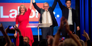 Albanese celebrating victory with his partner Jodie Haydon and son,Nathan. The government has only changed eight times since World War II.