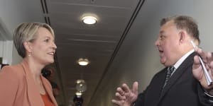 Shadow Minister for Education and Shadow Minister for Women Tanya Plibersek and Liberal MP Craig Kelly have a heated discussion as they cross paths in the corridor of the press gallery in between media interviews,at Parliament House in Canberra.