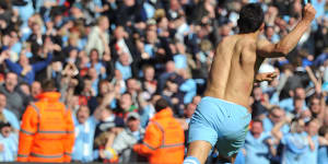 Sergio Aguero after hitting the goal that won the Premier League title in 2012.