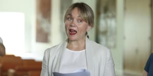 Rachelle Miller details her allegations against her former boss,Liberal MP Alan Tudge,at Parliament on Thursday.