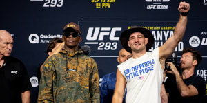 UFC fighters Israel Adesanya and Sean Strickland face off ahead of their middleweight fight on Sunday at a sold-out Qudos Bank Arena.