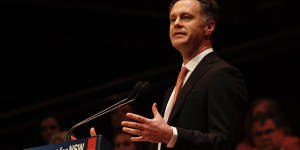 NSW Labor leader Chris Minns addresses the party’s state conference on Sunday.