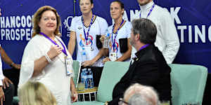Gina Rinehart with swimmers Cate Campbell,Bronte Campbell and Kyle Chalmers during the 2018 Australian swimming trials.