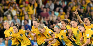 Australian players celebrate the Matildas’ win over France at Suncorp Stadium in 2023.