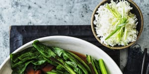 Serve this rich,glossy and sticky pork with steamed greens and rice.