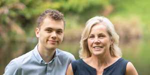 Hamish Fairlie,20,and his mother Fiona. Hamish received his first cochlear implant when he was five,and a second in the other ear when he was 14.