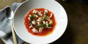 Chilled spiced tomato and spanner crab recipe by Matt McConnell for Good Food Christmas menu.