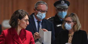 Premier Gladys Berejiklian,Health Minister Brad Hazzard,NSW Police Deputy Commissioner Gary Worboys and Chief Health Officer Dr Kerry Chant on Friday.