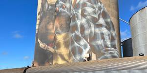 Smug's work in Nullawil depicts a local farmer in checked shirt with his loyal kelpie next to him.