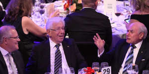 Prime Minister Scott Morrison,Lowy Institute founder Frank Lowy and former prime minister John Howard.