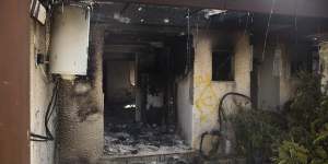 A burnt-out house after an attack by Palestinian militants on a kibbutz in Kfar Aza,Israel,near the border with Gaza. 