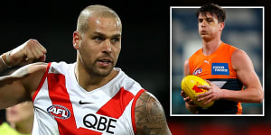 Swans forward Lance Franklin gave Giants defender Sam Taylor some tips while the GWS youngster was marking him.